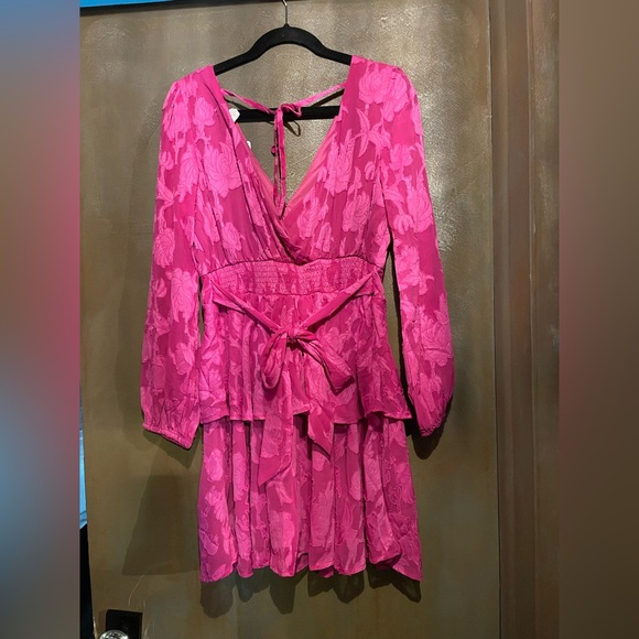 FUSCHIA PINK PEPLUM MINI DRESS FLORAL ACCENTS BRAND NEW - Picture 9 of 9